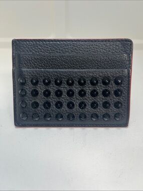 Christian Louboutin Black Leather Studded Card Holder with Red Trim. Chic trendy